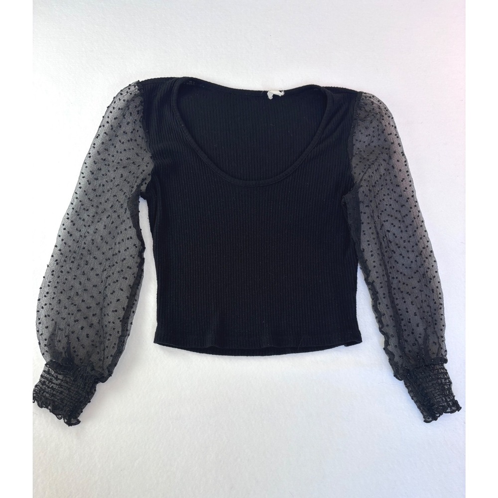 Altar'd Staye Black Ribbed Knit Top Sheer Mesh Swiss Dot Balloon Sleeve Medium